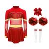 Girls Cheer Leader Costume Long Sleeve Diamonds Dance Jumpsuit Cheerleading Hand Flower Bowknot Hair Ties