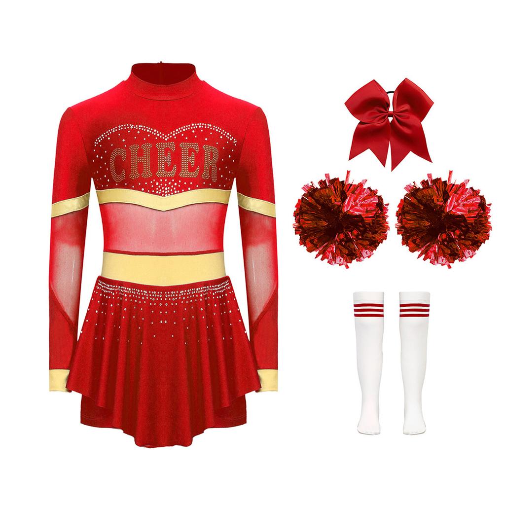 Girls Cheer Leader Costume Long Sleeve Diamonds Dance Jumpsuit Cheerleading Hand Flower Bowknot Hair Ties