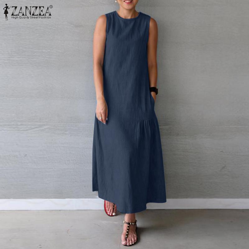 

ZANZEA женское летнее свободное повседневное длинное платье без рукавов с круглым вырезом
