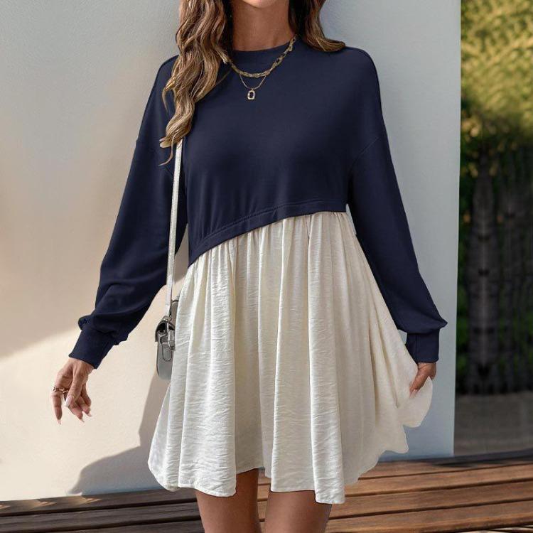 Women Long Sleeve A Line High Waist Pleated Color Block O Neck Long Dress Spring Summer