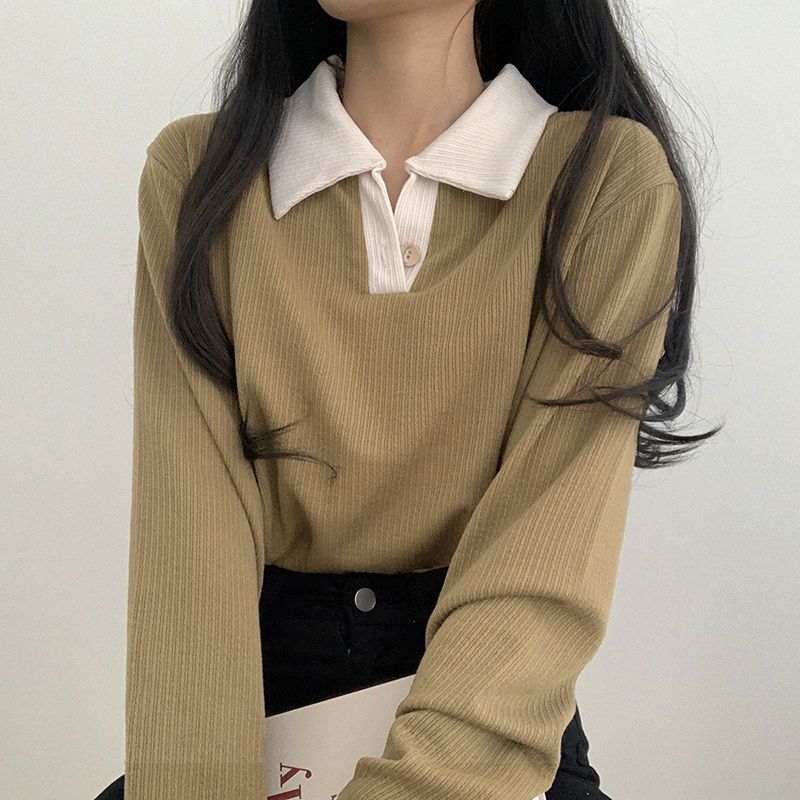 College Style POLO Collar Long Sleeved T-shirt for Women In Spring and Autumn  New Style with Interior and Base  Versatile Ins Top