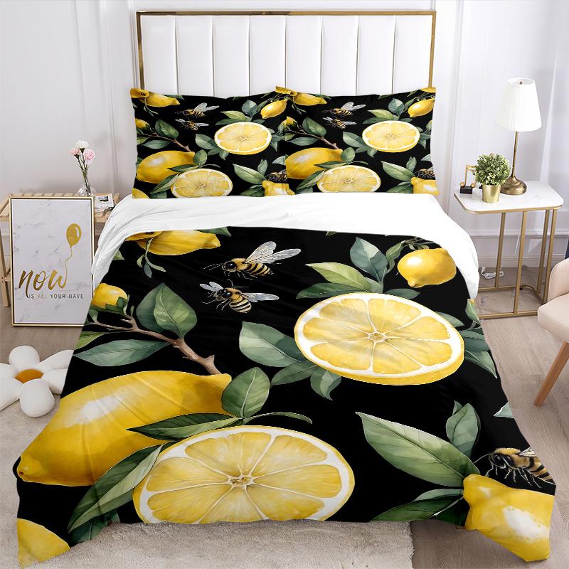 3pcs Yellow Lemons and Bees Bedding Set, Including 1 Quilt Cover and 2 Pillow Shams, Without Filling, Soft and Comfortable Home Bedroom Fabr