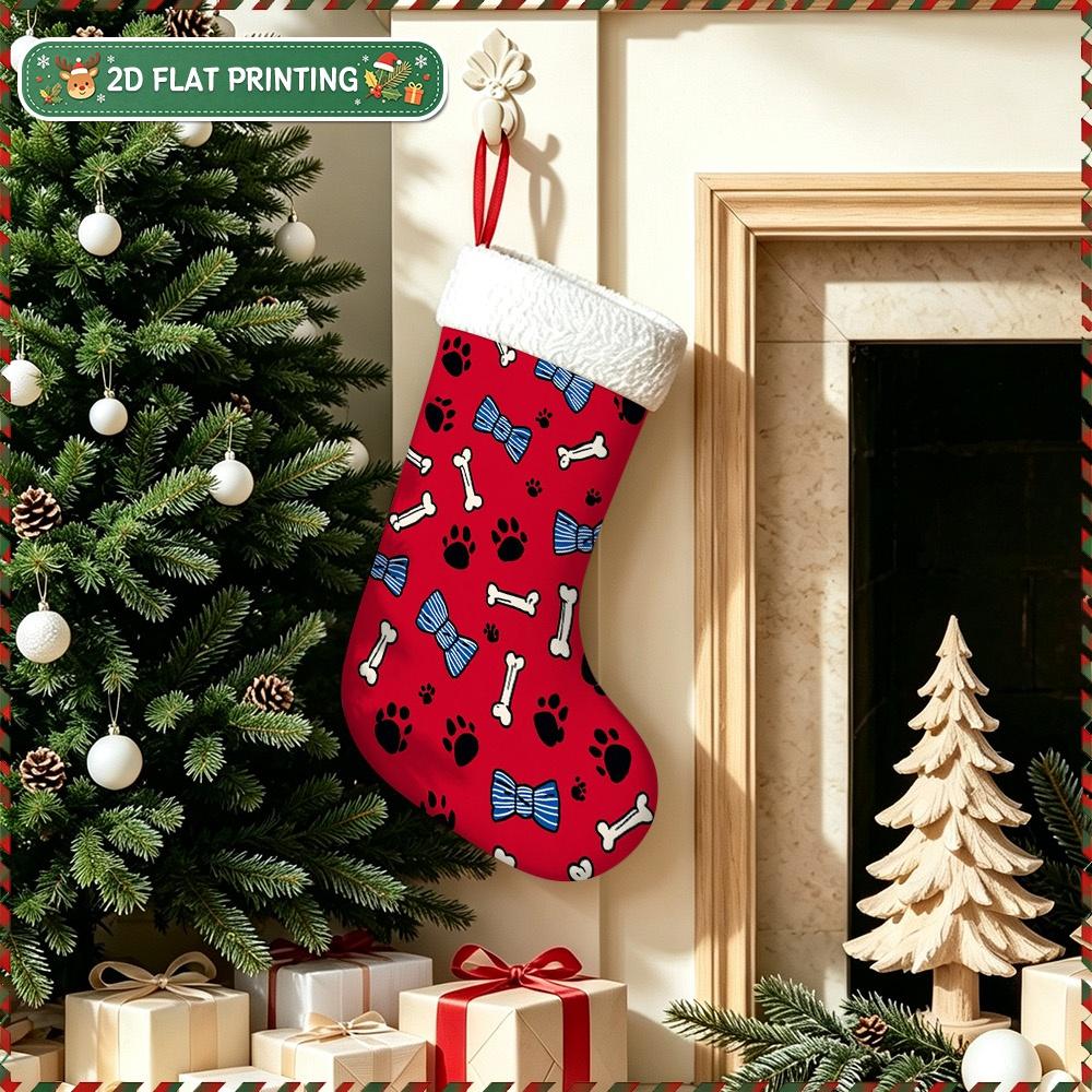 Christmas Decoration Fireplace Hanging Stocking 1pc 2D Flat Red Dog Paws And Bones Design Holiday Stockings, Decorative