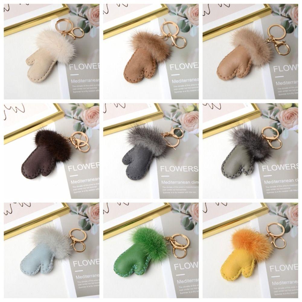 Fluffy Mink Hair Pendant Leather Car Keyring Fashion Little Glove Keychain  Bag Decoration