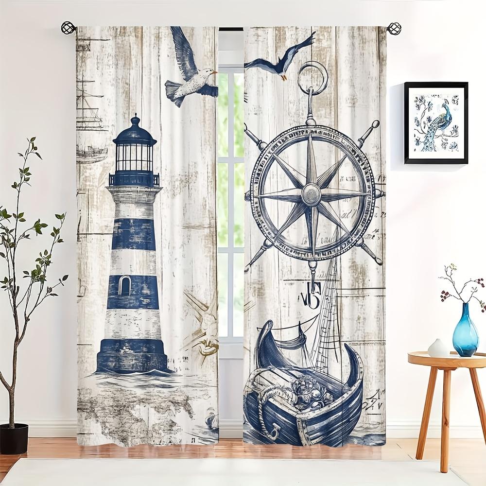 

1Pc Nautical Sailboat Wood Grain Pattern Curtains, Polyester Fabric, Suitable For Office, Living Room, Bedroom Decoration 53x116cm &2pc