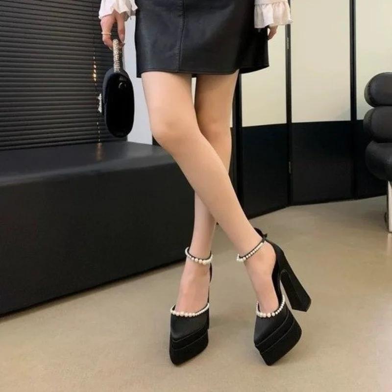 Scarpe da Donna Tacco Alto 11cm Sandali Neri con Strass Tacco Spesso, Punta Affilata, Suola Spessa, Sandali con Punta Vuota