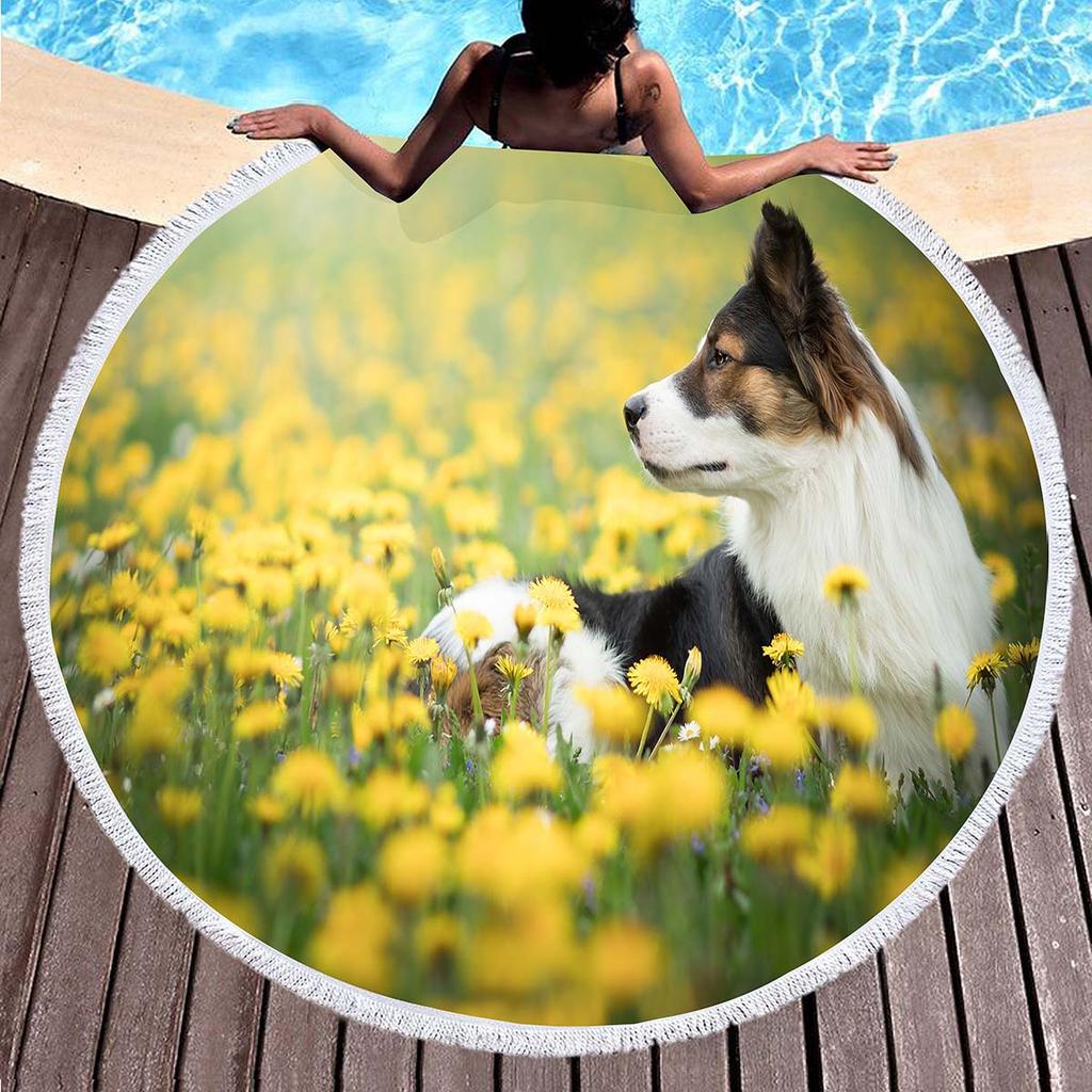 Cute Pet Dog Border Collie Round Beach Towel,Sand Free Beach Blanket Picnic Mat for Bathroom Pool Surf Travel Outdoor Meditation