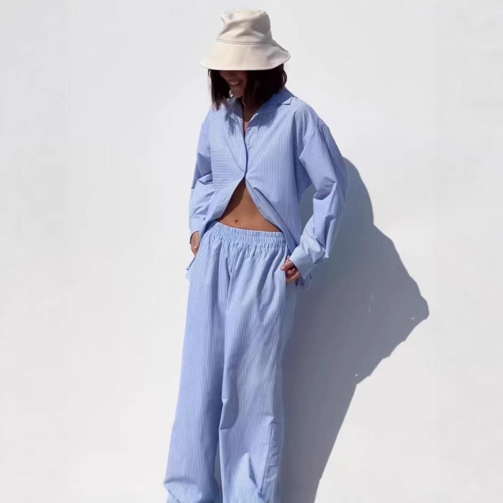 Women's Loose Fit Two Piece Outfit Long Sleeve Shirt Straight Waist Wide Leg Pants Stripe Print Urban Co-ord Set