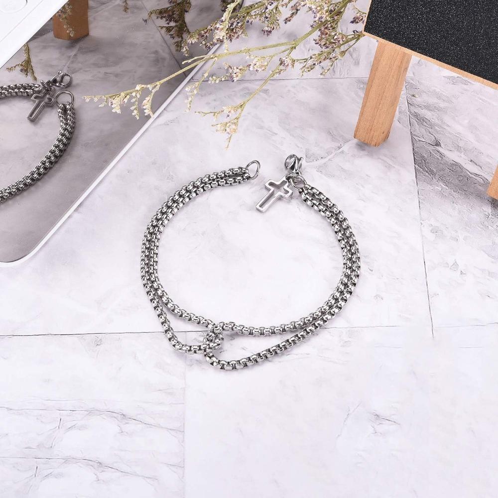 Rolo Chain Bracelet with Cross Charm Wire Little Thorns Cuban Chain Cross Dangle Pendant Cable Chain Link Men Women Bracelet