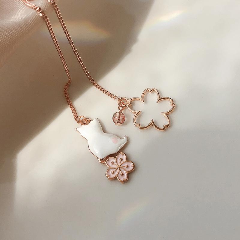 Long Flower Cat Earrings Temperament Sweet Strawberry Crystal Earrings Asymmetrical Tassel Cherry Blossom Kitten Earrings