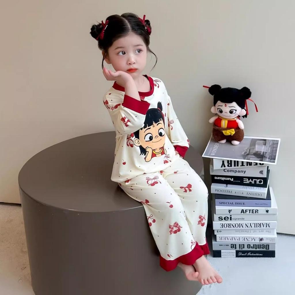Girls Cartoon Nezha Long Sleeve Pajama Set with Pants for Spring Autumn