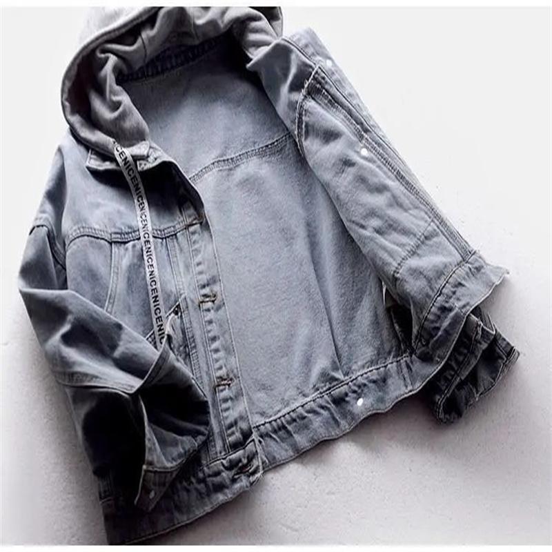 Spring Plus Size Blue Deconstructable S kapucí Turn Down Collar Jean Coat Jacket Dámské volné oblečení