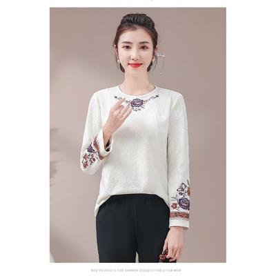 Autumn Winter Bottoming Shirt Plus Velvet Retro Embroidered Ethnic Style T-shirt, Round Neck Versatile and Elegant Top for Women