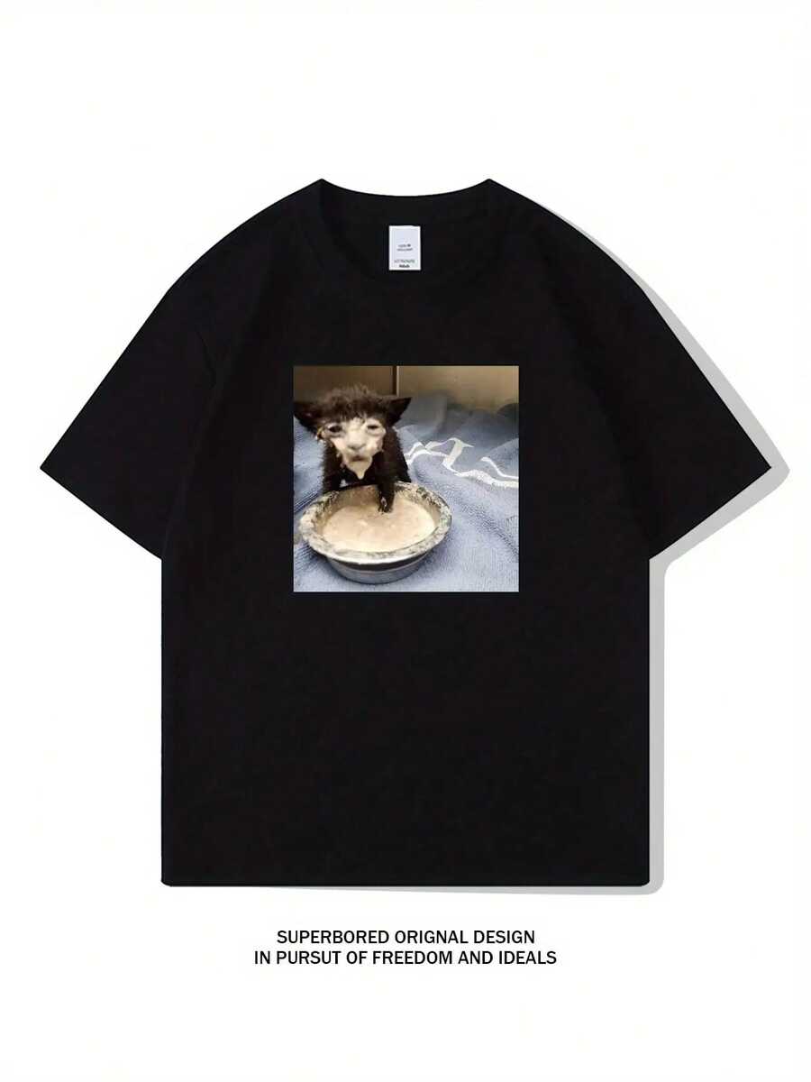 

Unisex s Casual Short Sleeve T-Shirt With Cute Kitten & Ice Cream Cartoon Print XXXL
