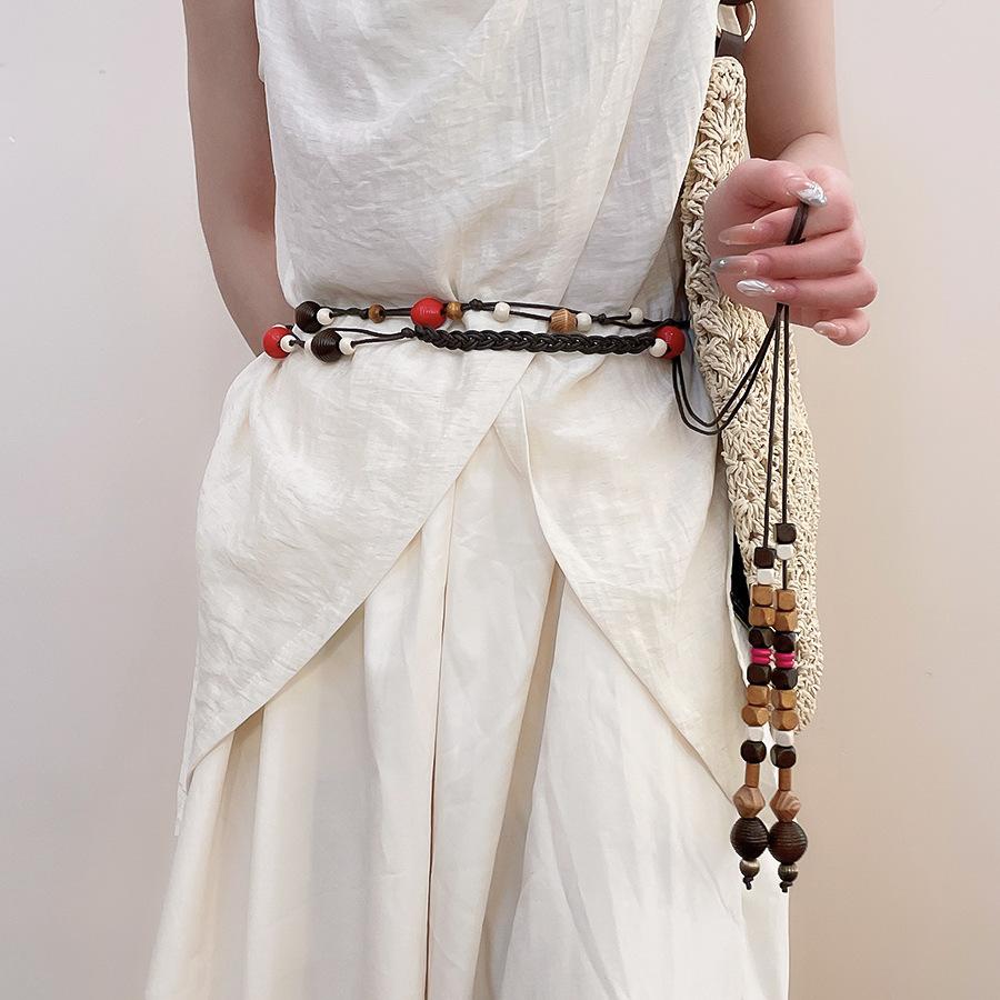 Vintage ethnic wind wood bead woven fringed waist chain bohemian belt clothing