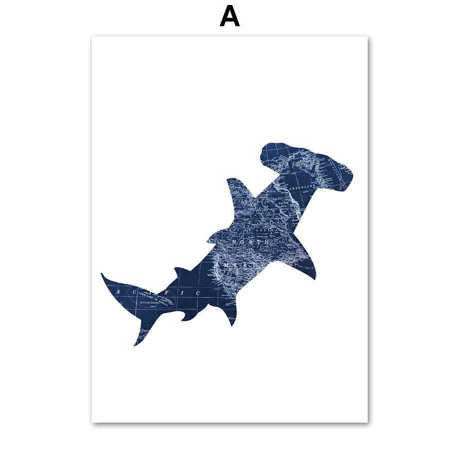 Blue Whale Shark Octopus Crab Fish Map Wall Art Canvas Painting Nordic Posters And Prints Wall Pictures For Baby Kids Room Decor