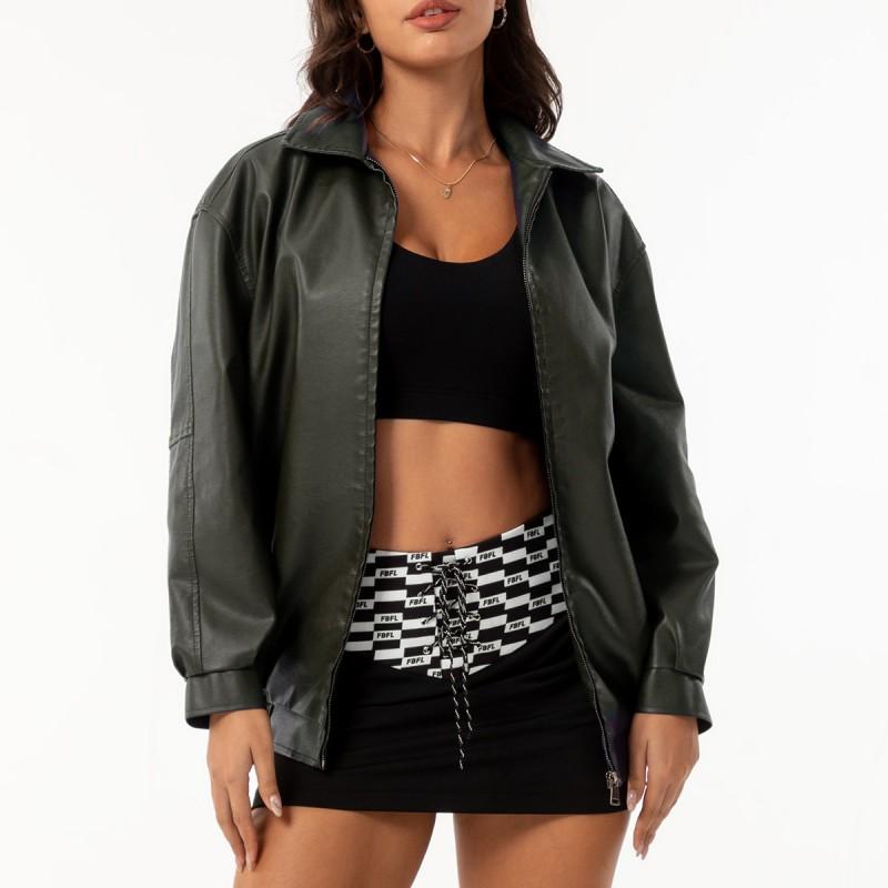 Womens Oversized PU Leather Jacket Loose Fit Long Sleeve Turn-Down Collar Casual Coat
