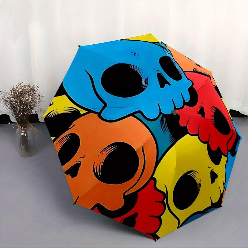 1pc Skull Print Automatic Open, Sturdy Iron Frame, Compact Folding Design, All-Season Portable Umbrella for Women & Men, Outdoor Umbrella Yy