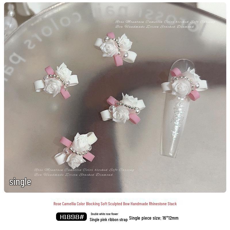 3D Rhinestone & Pearl Rose Nail Art: Handmade Sculptured Bow Camellia Gems