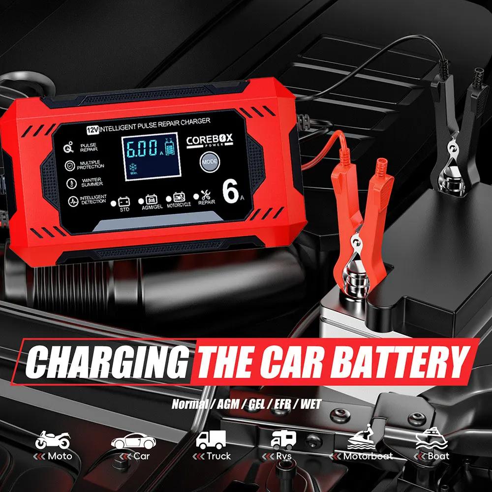 Chargeur de batterie de voiture entièrement automatique 12V 6A Appareil de chargement de batterie pour voiture et moto Batterie au plomb Acide Réparation intelligente Affichage LCD