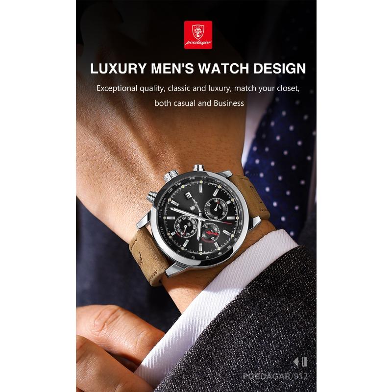 POEDAGAR Functional Luxury Man Wristwatch Date Waterproof Luminous Chronograph Men Watch Male Leather Quartz Watches