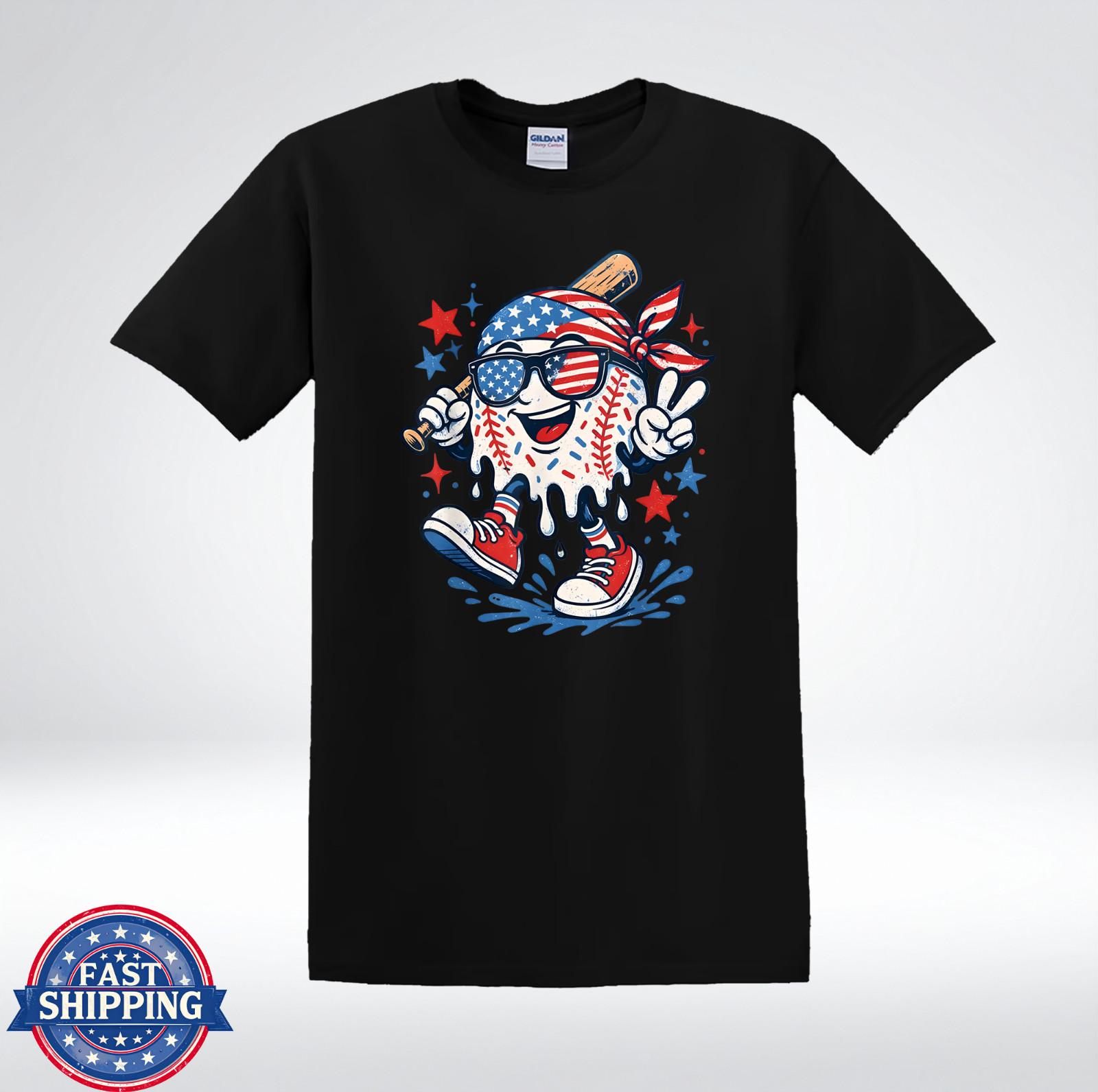 Patriotic Baseball Character American Flag Graphic T-Shirt S
