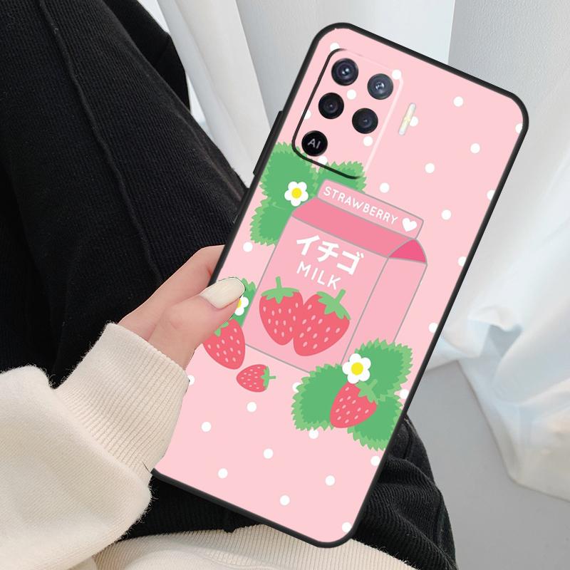 Kawaii Strawberry Milk Case For Oppo A18 A38 A58 A78 A98 A80 A60 A40 A96 A76 A16 A94 A74 A54 A15 A17 A57 A77 A5 Pro