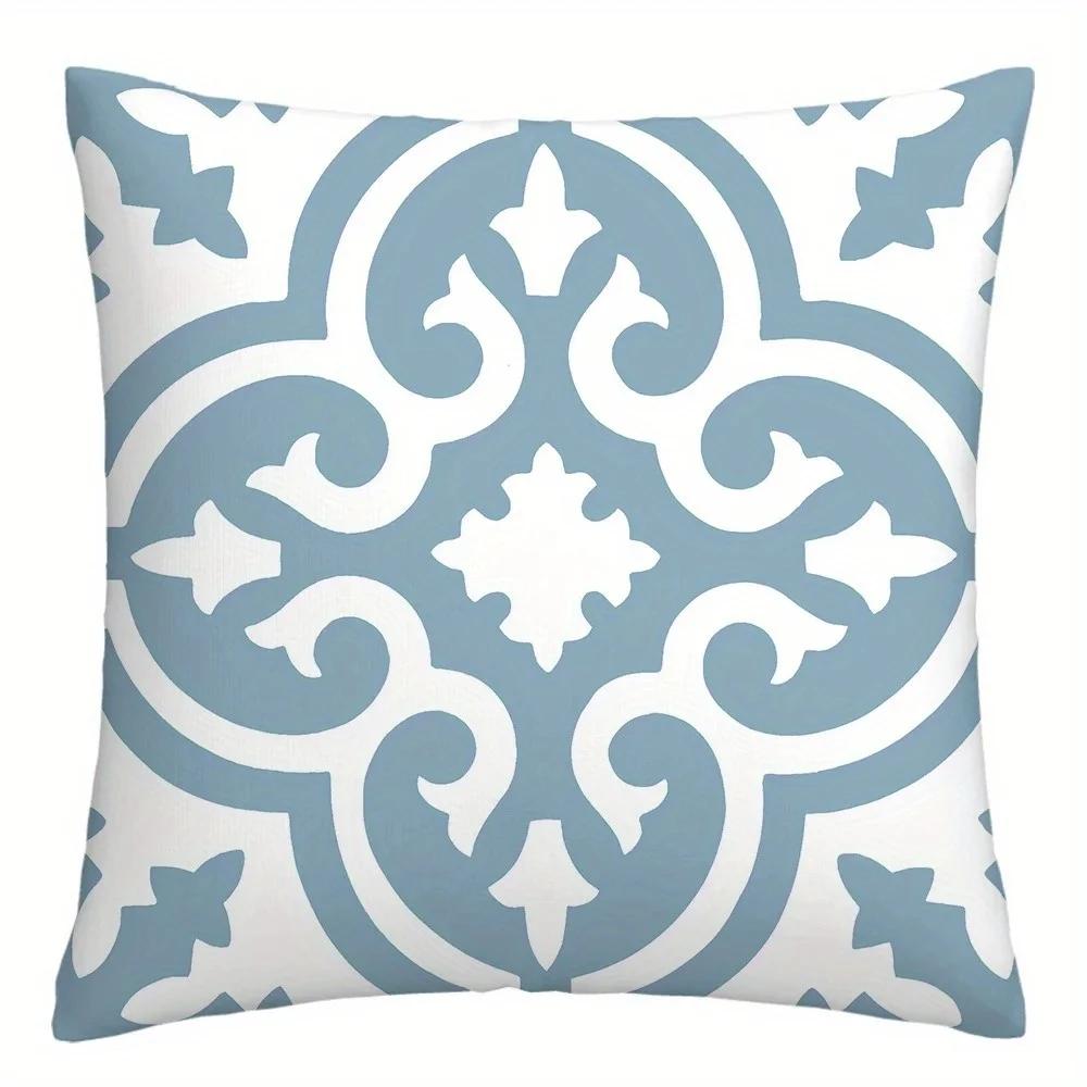 Federa Cuscino Arredo Soggiorno Divano con Stampa Peluche Corto, Modello Blu e Bianco Intricato, Federe Cuscino