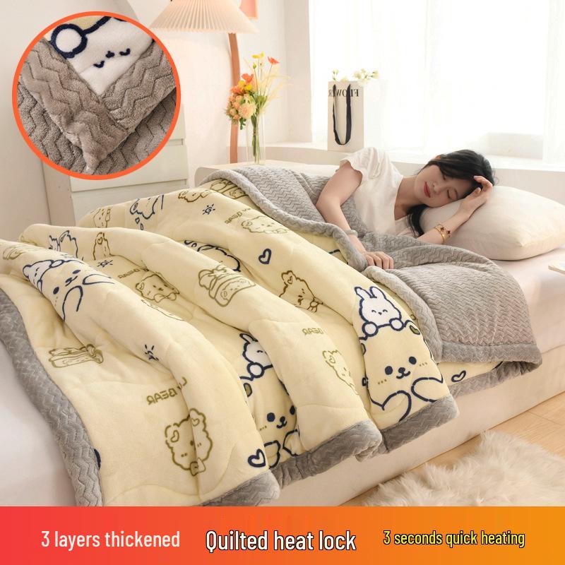 Three-Layer Quilted Milk Velvet Cartoon Blanket - Thick, Machine Washable, Ideal for Autumn/Winter Naps