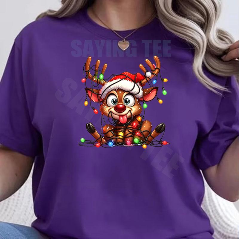 Women Cute Reindeer Christmas Lights Graphic Tshirt Funny Santa Hat Deer Printed Short Sleeve Tops Xmas Holiday Casual Tee Gift