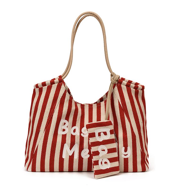 

Canvas Striped Tote Bag - Women s College Style Handbag & Shoulder Bag