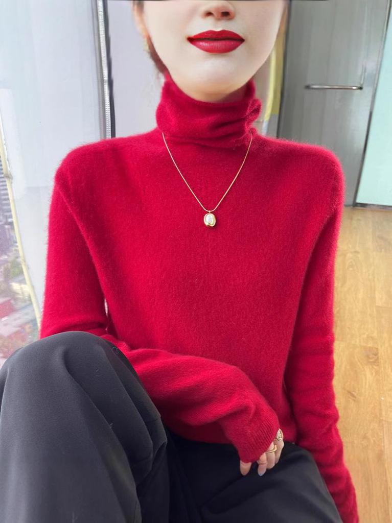 Women's High Neck Wool Pullover Sweater - Long Sleeve, Warm Knitwear for Autumn & Winter
