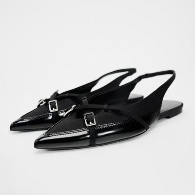 Fashion 2024 Summer New Black Women's Sandals Buckle Cross Pointed Elegant Traf Designer Slingbacks Ladies Flat Shoes Big Size Footwear