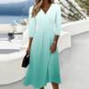 Women's Gradient Casual Fashion Midi Dress with Three Quarter Sleeves V Neck and Back Zipper Closure Suitable for Everyday Wear