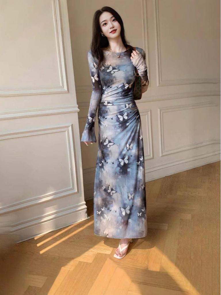 Women's Retro Tie-Dye Mesh Midi Dress - Waist-Slimming Long Sleeve (2025 Spring/Autumn)