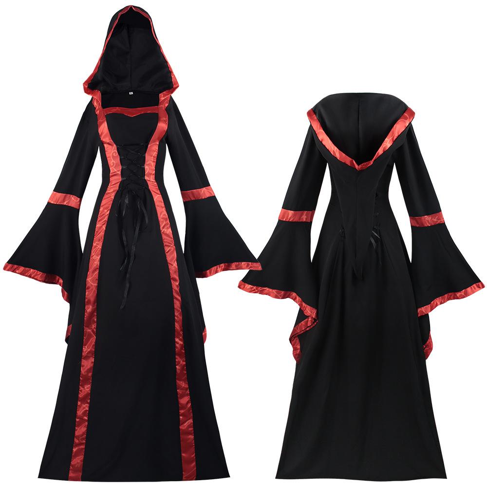 Medieval Clothing Retro Hooded Dress Square Neck Strap-up Flared Sleeve Big Swing Dress Performance Clothing