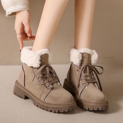 Winter Verdicken Plüsch Schneestiefel Damen Mode Lammwolle Patchwork Plateau Stiefeletten Frau Warm halten Schnürung Baumwollschuhe 2024
