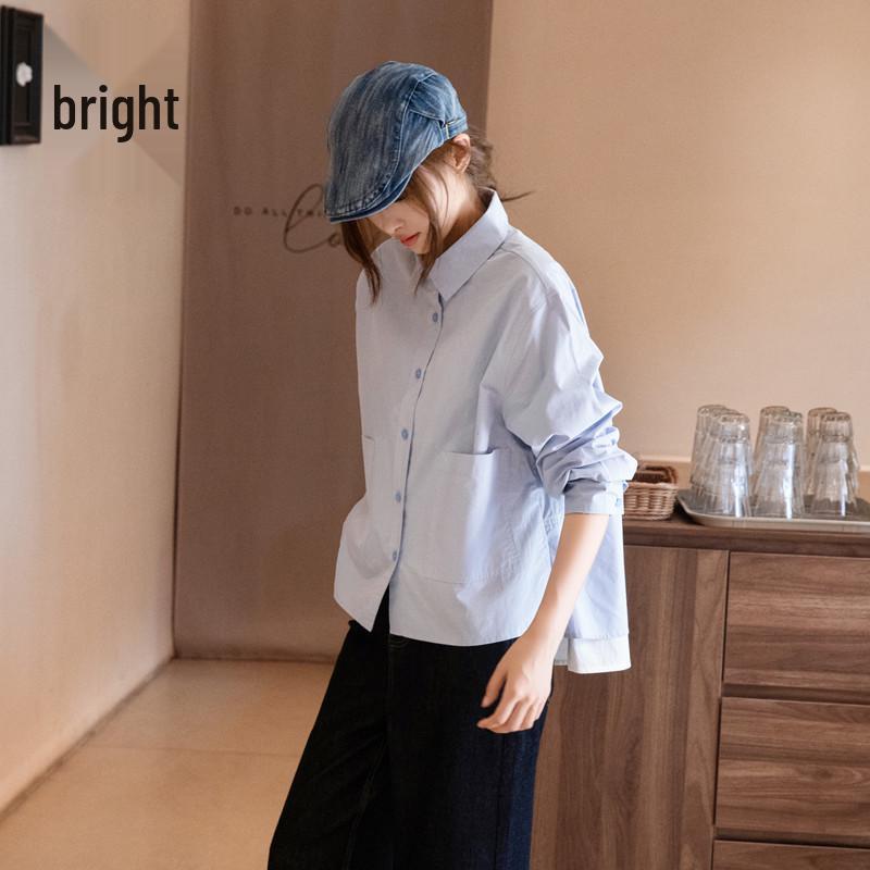 

Women s Casual Pink & Blue Color Block Long Sleeve Cotton Shirt with Small Square Collar L світло-синій колір