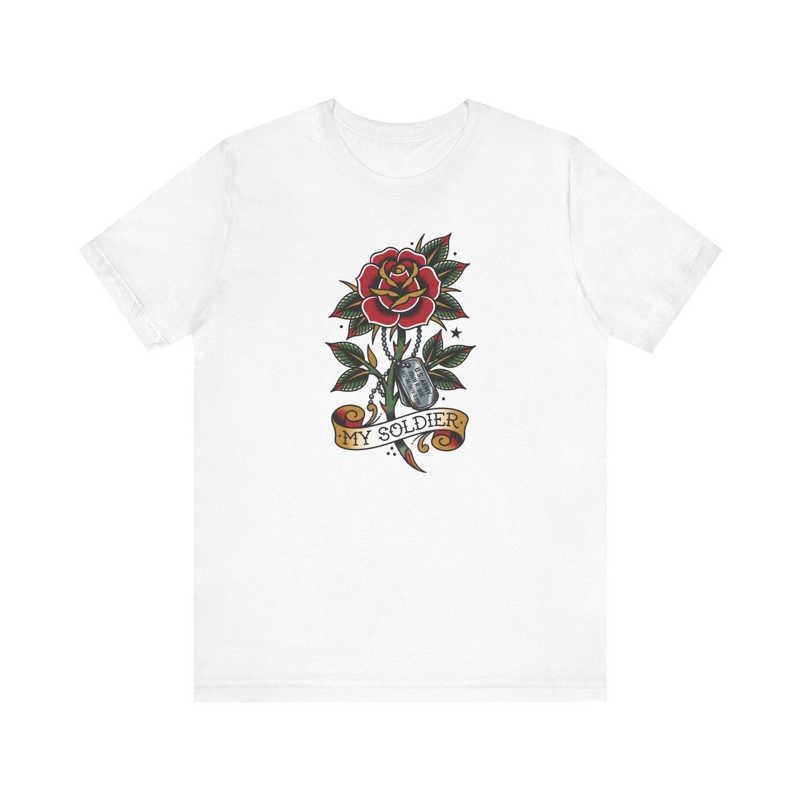 Rose and Dog Tags My Soldier Tee | Military Tribute, Traditional Tattoo Style M