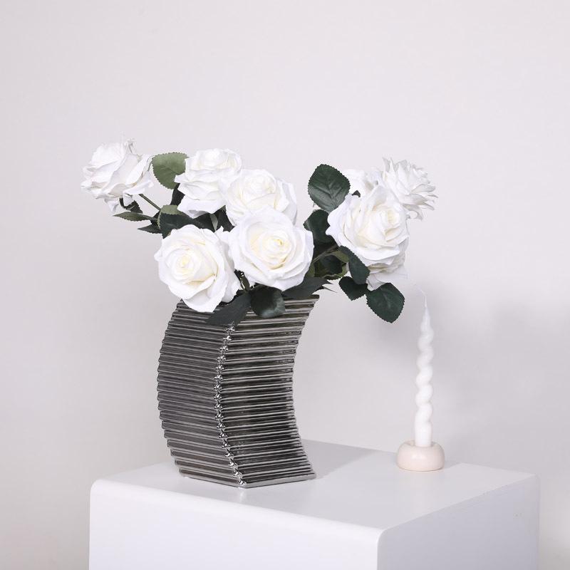 Silber Geometrische Keramikvase Gestreifte Treppe Blumenvase Florale Accessoires Blumentopf Heimdekorationszubehör Vasen