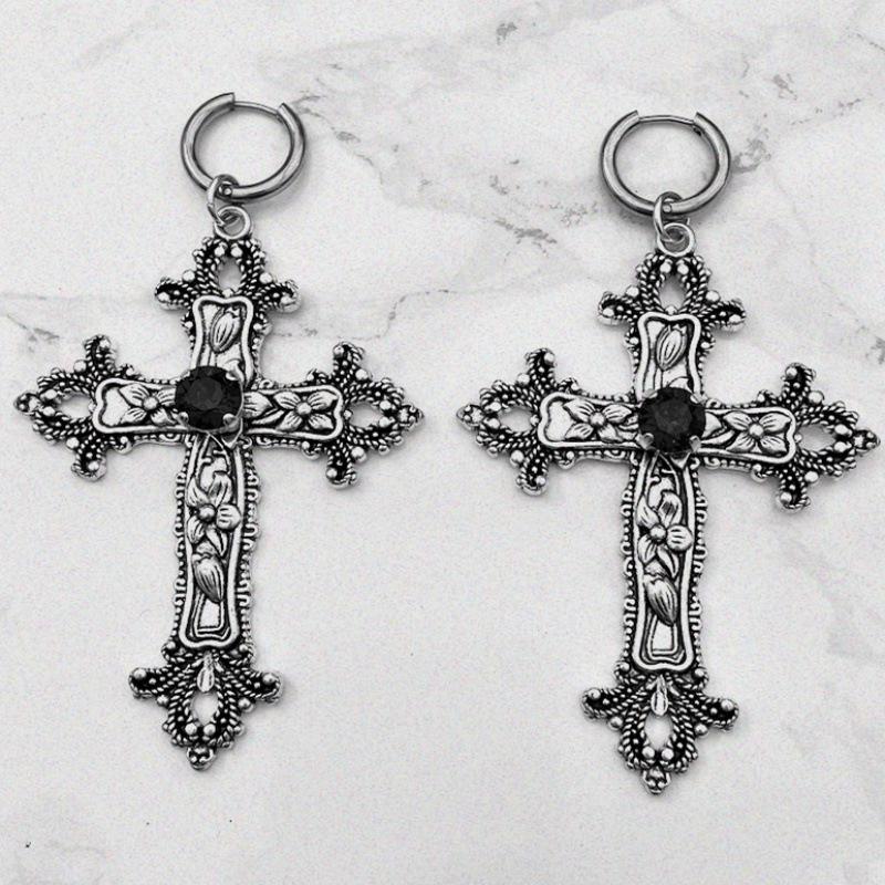Large Silver Gothic Cross Earrings for Witchcraft and Vampire Style
