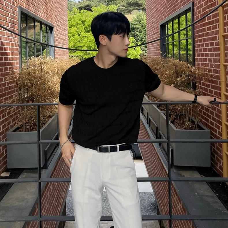 Men's Retro Loose-Fit Ice Silk Knit T-shirt - Short-Sleeve, Round Neck, Korean Style