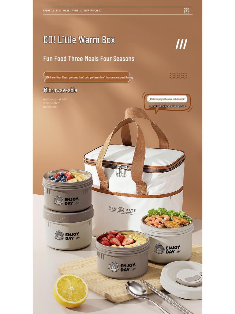 304 Stainless Steel Insulated Japanese-Style Bento Lunch Box - Microwaveable for Office Workers and Students