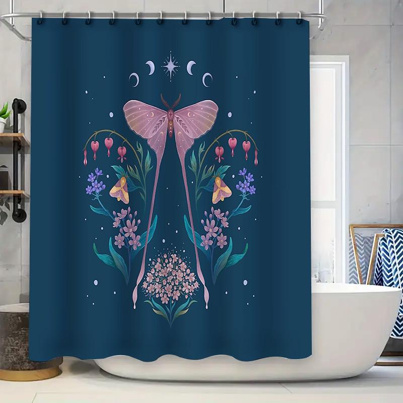 

Botanical Moth Shower Curtain Floral Nature Wall Art Decor Vintage Forest Fern Bathroom Set Translucent Backdrop 90x180cm