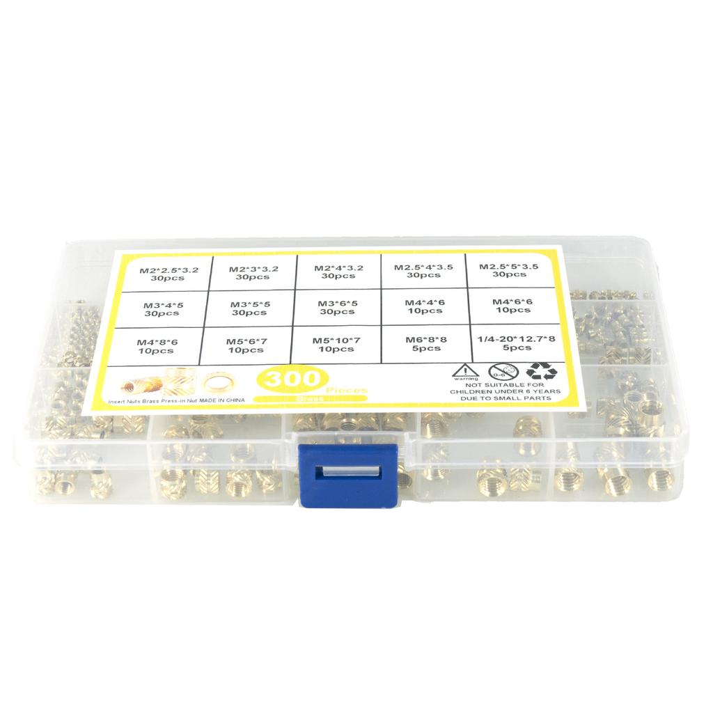 300 Pcs Metric Threaded Inserts 2/2.5/3/4/5/6mm Knurled Female Thread Nuts Inserts Brass Embedding Nuts Durable