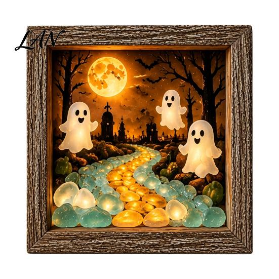 Small Halloween Figures Lighted Frame Ornaments, Light Up Shadow Box, Warm Festive Party Supplies Atmosphere LED Lights for Home Living Room