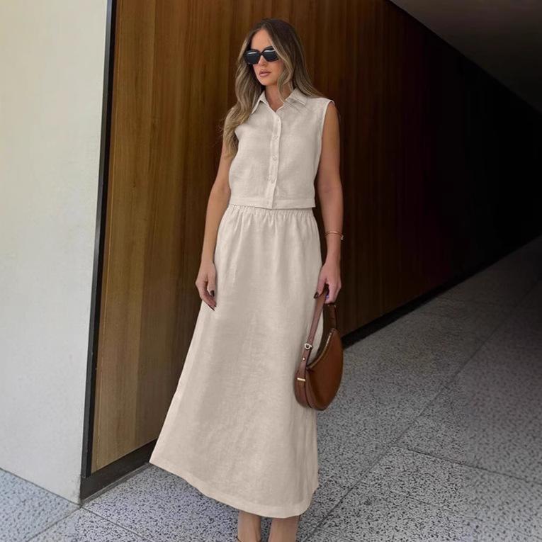 Vacation-style ramie skirt set for women, 1116 European and American summer loose sleeveless top long skirt two-piece set for women