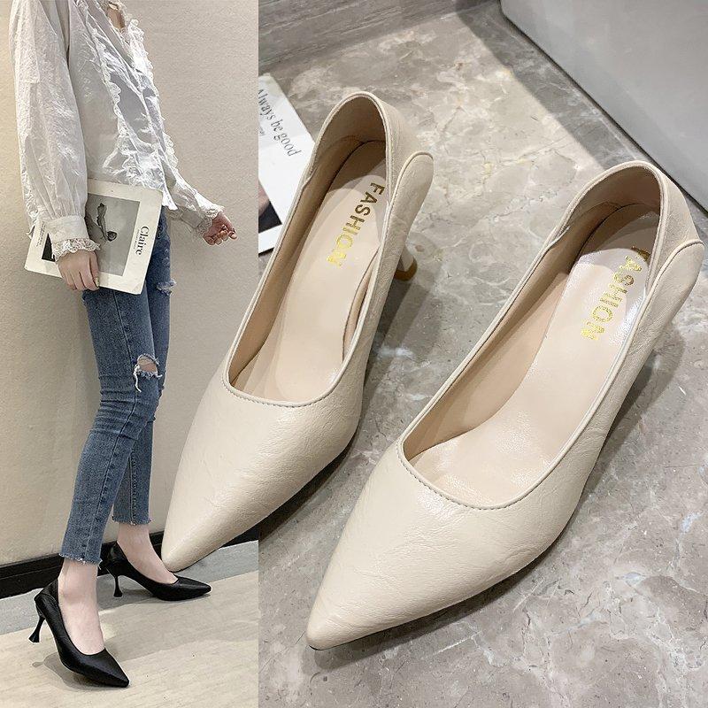 Not Tired Feet High Heels Thin Heels New French Commuter Professional Black Single Shoes Soft Leather Women's Shoes Spring