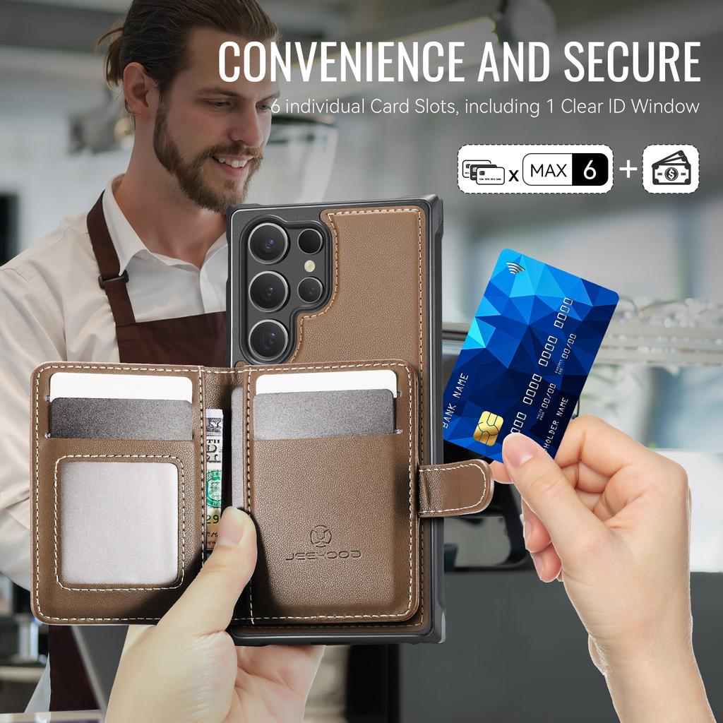 För Samsung Galaxy S26 Ultra Magnetiskt Fodral JEEHOOD J09 RFID-blockerande Hållare för Kreditkort Läderbaksida Fodral till Telefon