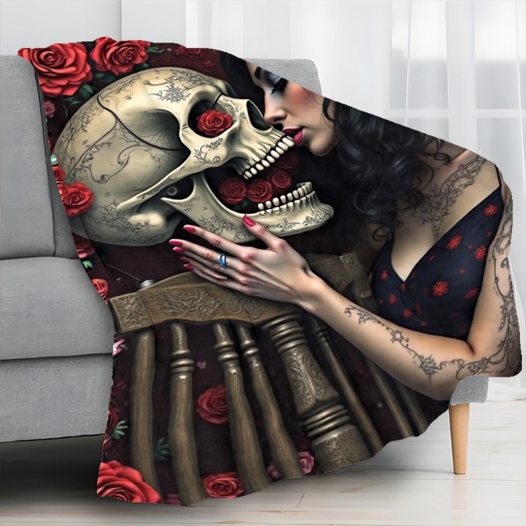 Retro Gothic-style Skull Rose Flannel Printed Blanket Suitable for All Seasons Suitable for Living Room Office Sofa and Travel
